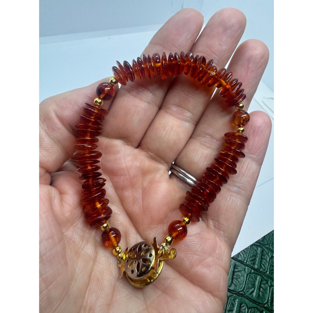 Vintage Cognac Amber Resin Bead Bracelet Gold Tone Filigree Clasp 7 Inch